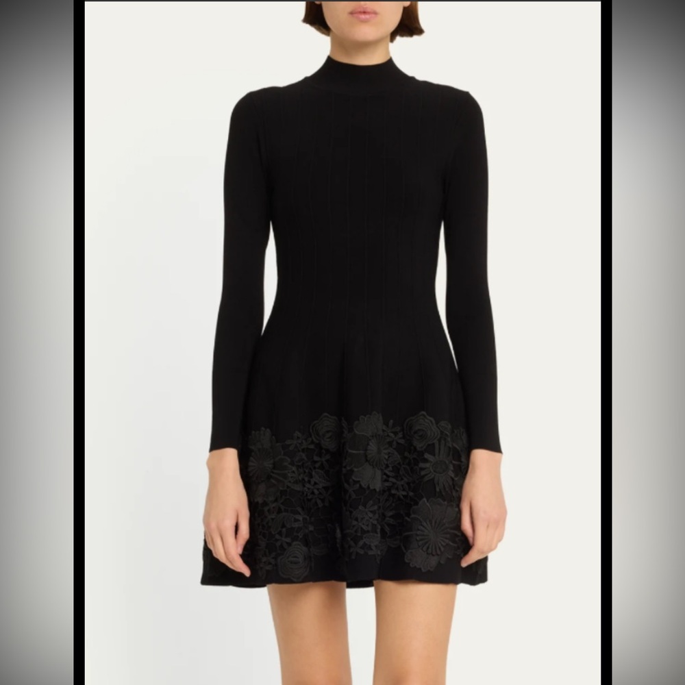 Milly L Rosaelia Lace Trim Fit & Flare sweater Dress embroidered floral